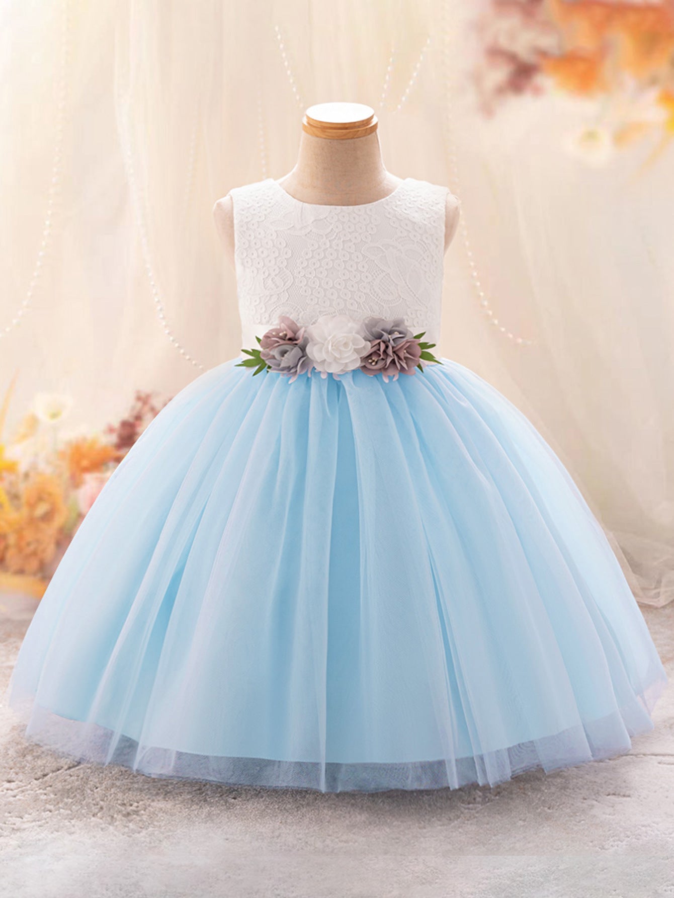 Cute A-Line Lace & Tulle Tea Length Dress with Flowers for Girls (3-8Y)