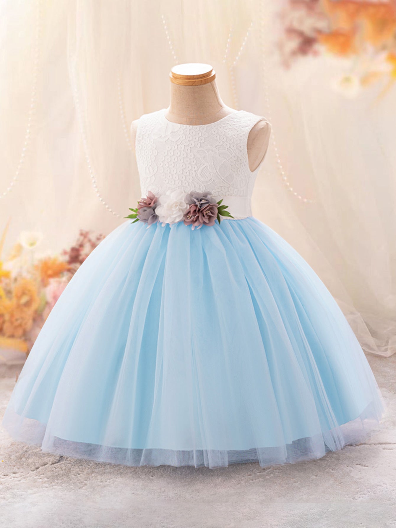 Cute A-Line Lace & Tulle Tea Length Dress with Flowers for Girls (3-8Y)