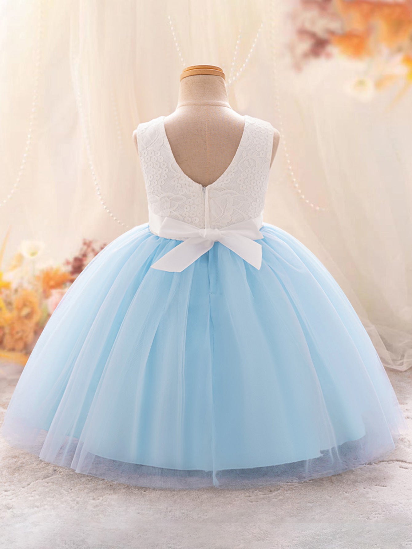 Cute A-Line Lace & Tulle Tea Length Dress with Flowers for Girls (3-8Y)