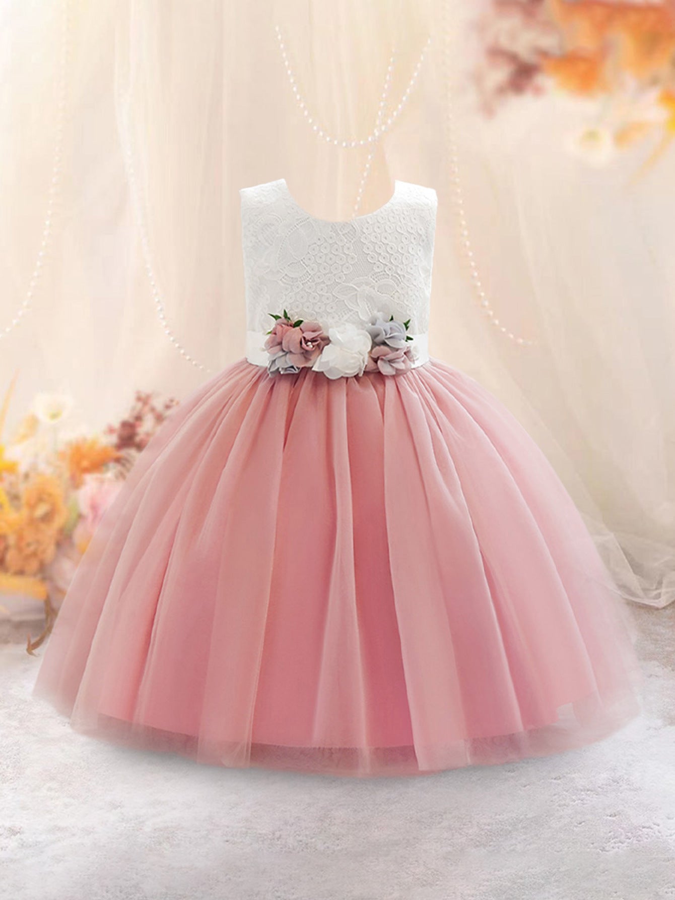 Cute A-Line Lace & Tulle Tea Length Dress with Flowers for Girls (3-8Y)