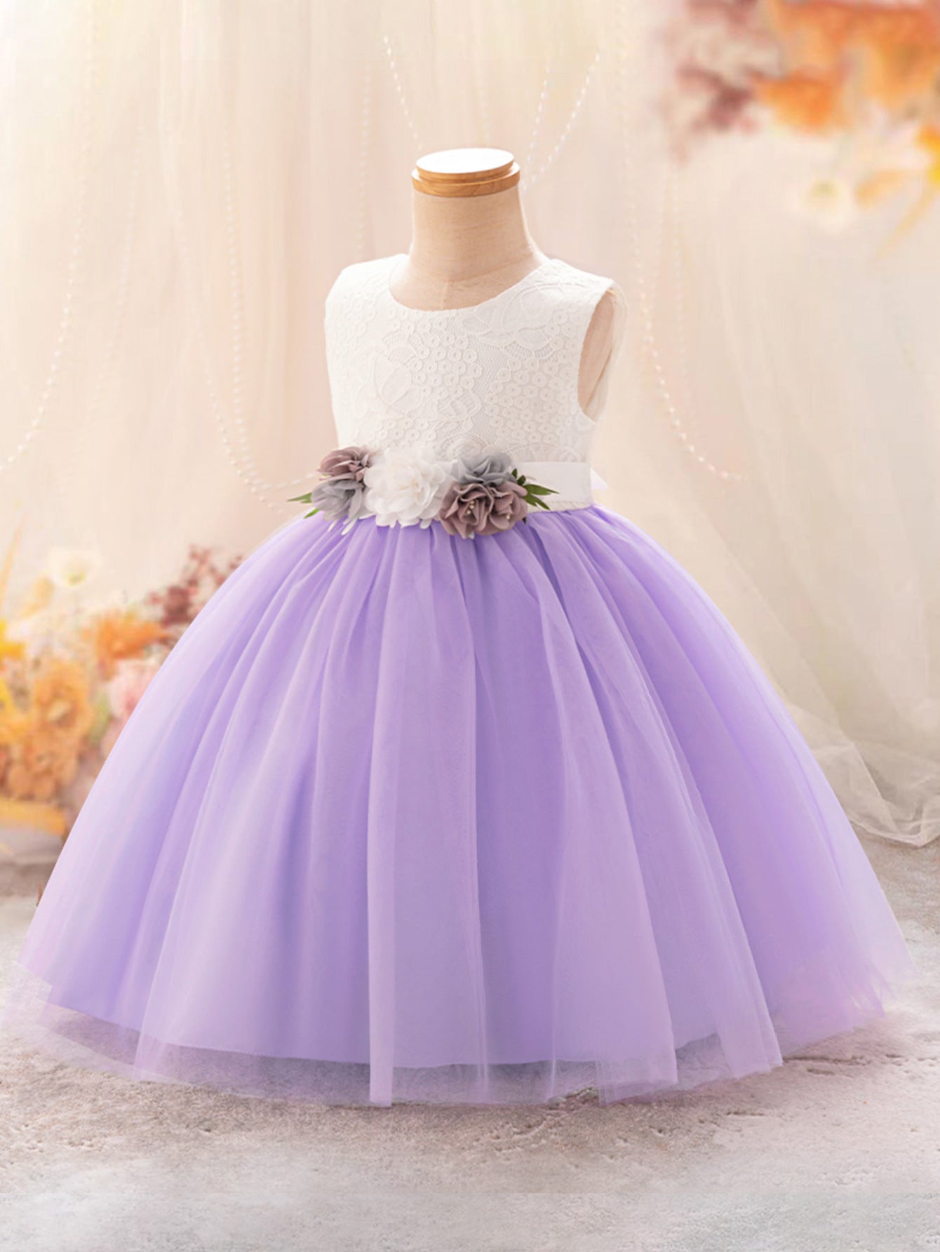 Cute A-Line Lace & Tulle Tea Length Dress with Flowers for Girls (3-8Y)