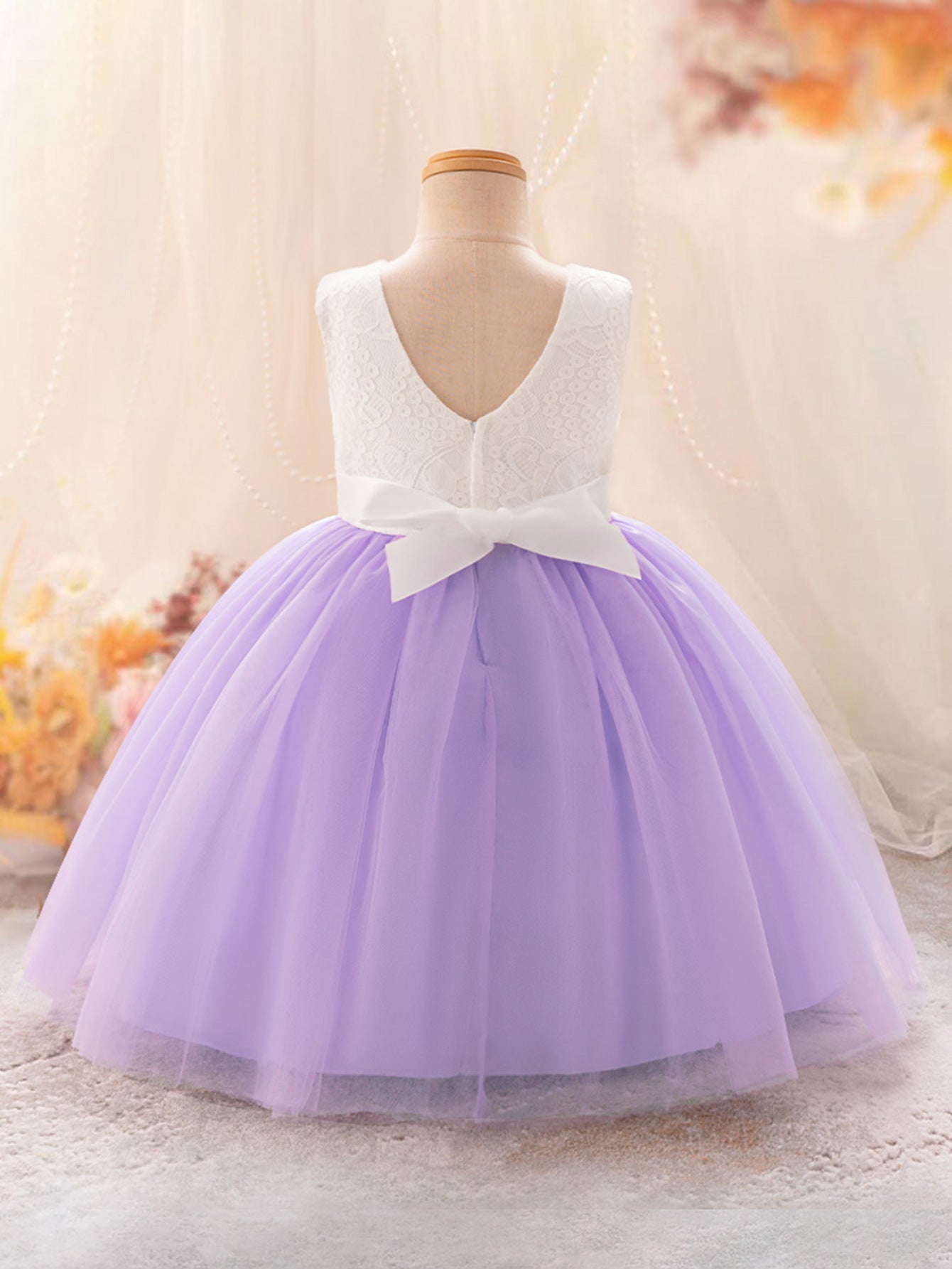 Cute A-Line Lace & Tulle Tea Length Dress with Flowers for Girls (3-8Y)