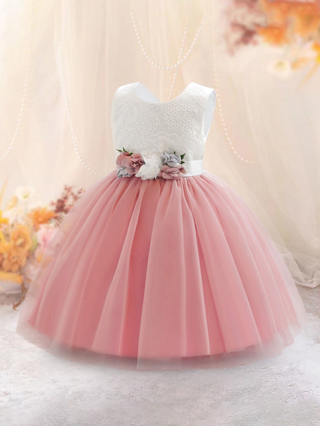 Cute A-Line Lace & Tulle Tea Length Dress with Flowers for Girls (3-8Y)