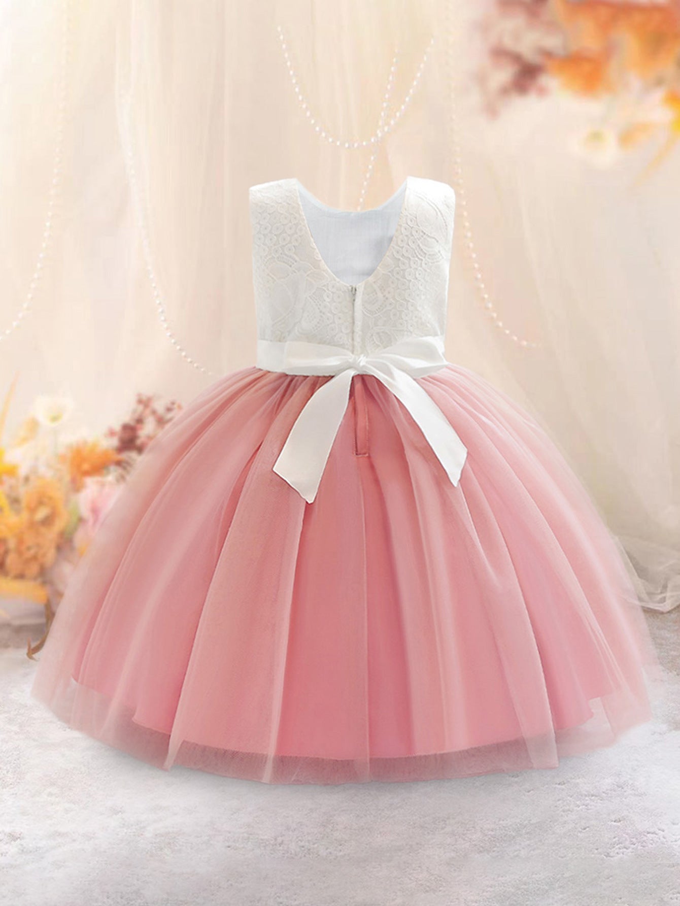 Cute A-Line Lace & Tulle Tea Length Dress with Flowers for Girls (3-8Y)