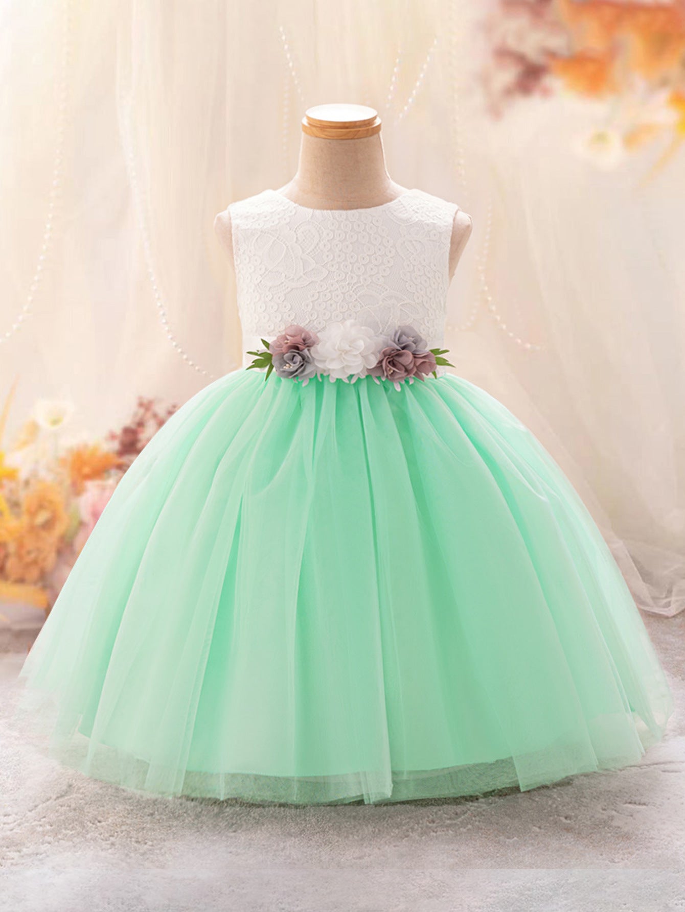 Cute A-Line Lace & Tulle Tea Length Dress with Flowers for Girls (3-8Y)