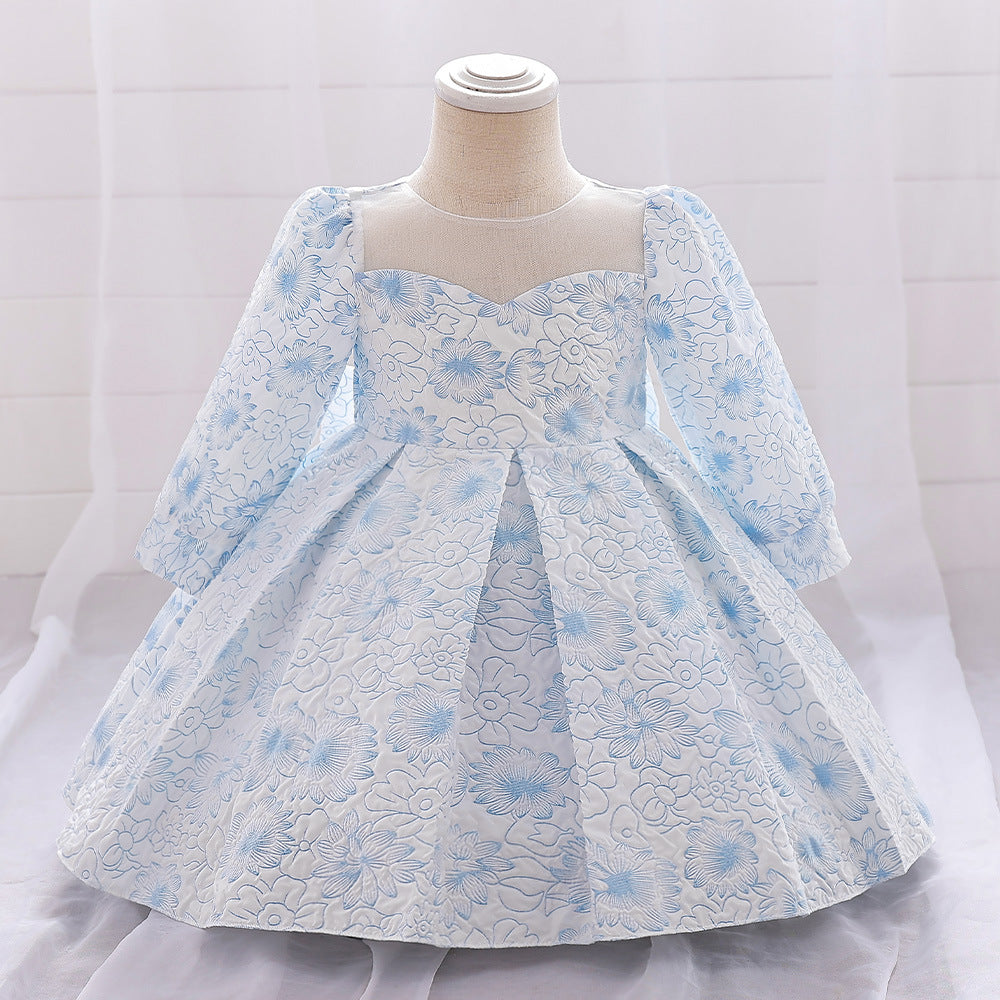 Light Blue Floral Satin Baby Dress – Cute A-Line Tea Length for Parties & Weddings