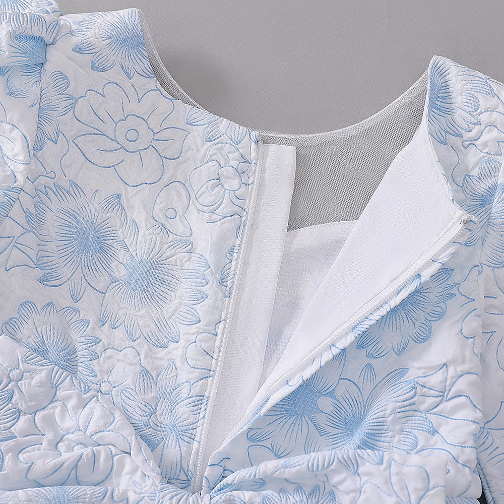 Light Blue Floral Satin Baby Dress – Cute A-Line Tea Length for Parties & Weddings
