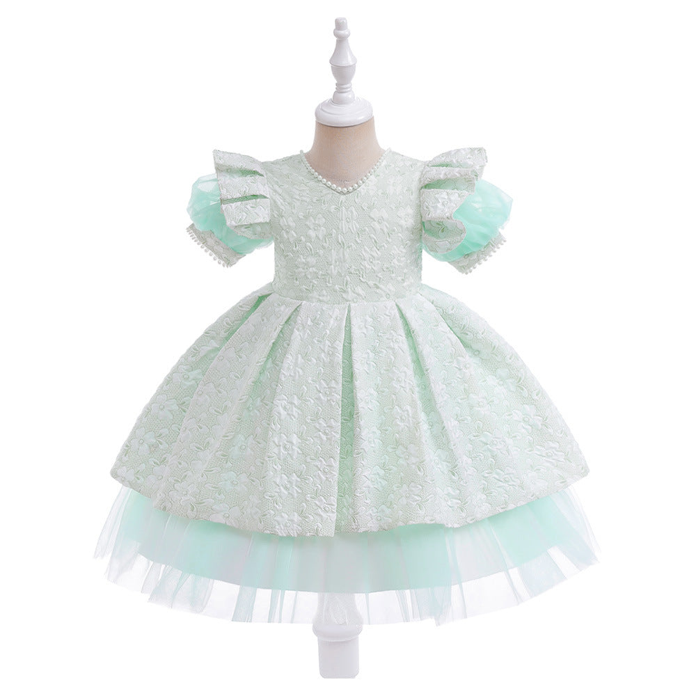 Light Green A-Line Princess Dress for Girls | Puff Sleeve Flower Girl Outfit