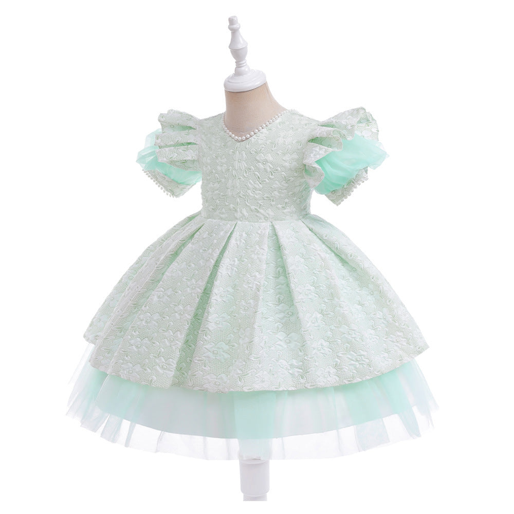 Light Green A-Line Princess Dress for Girls | Puff Sleeve Flower Girl Outfit