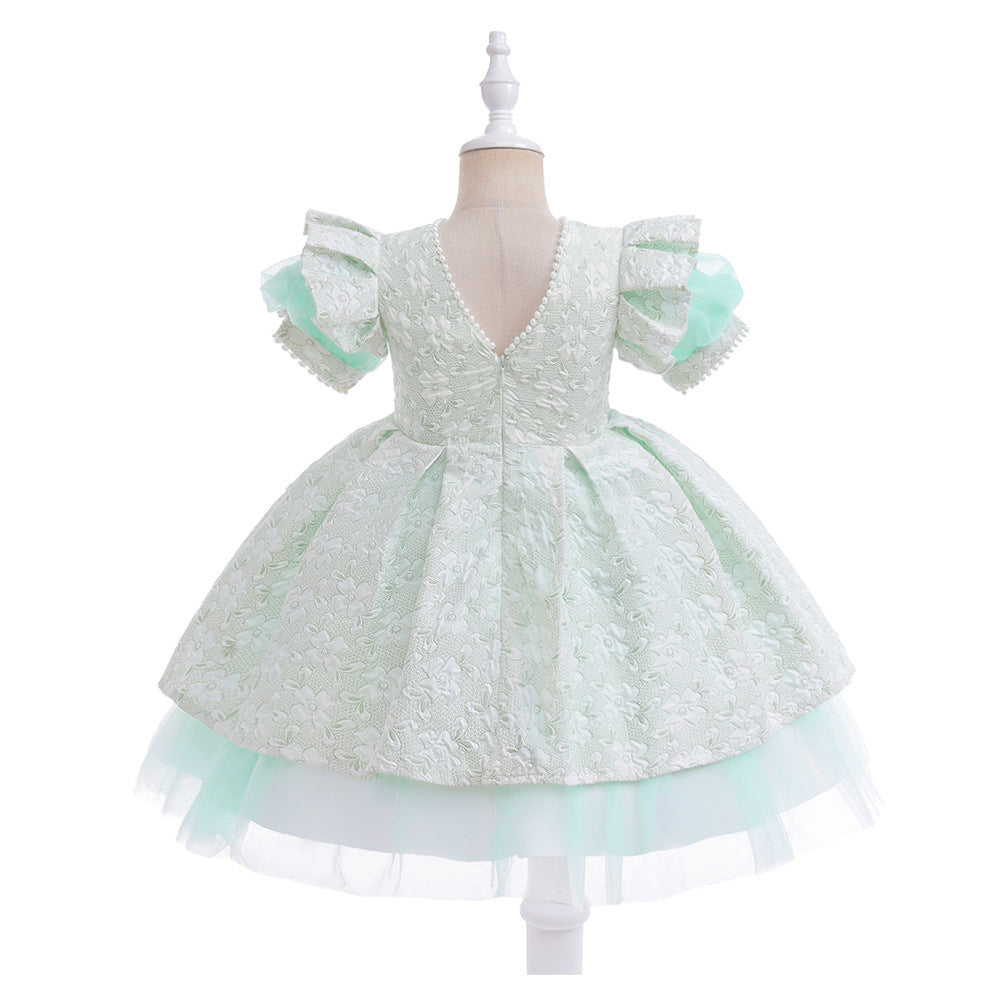 Light Green A-Line Princess Dress for Girls | Puff Sleeve Flower Girl Outfit