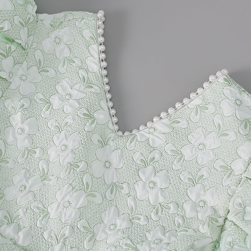 Light Green A-Line Princess Dress for Girls | Puff Sleeve Flower Girl Outfit