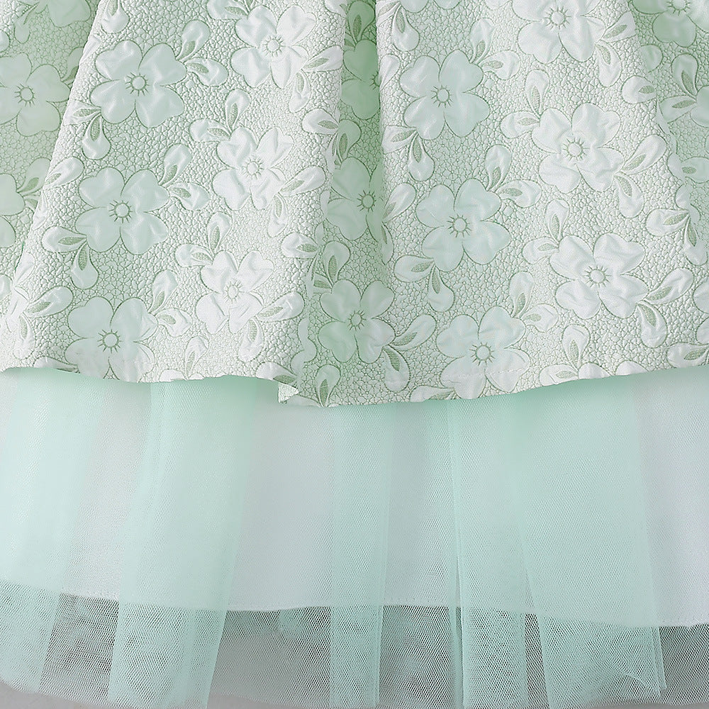 Light Green A-Line Princess Dress for Girls | Puff Sleeve Flower Girl Outfit