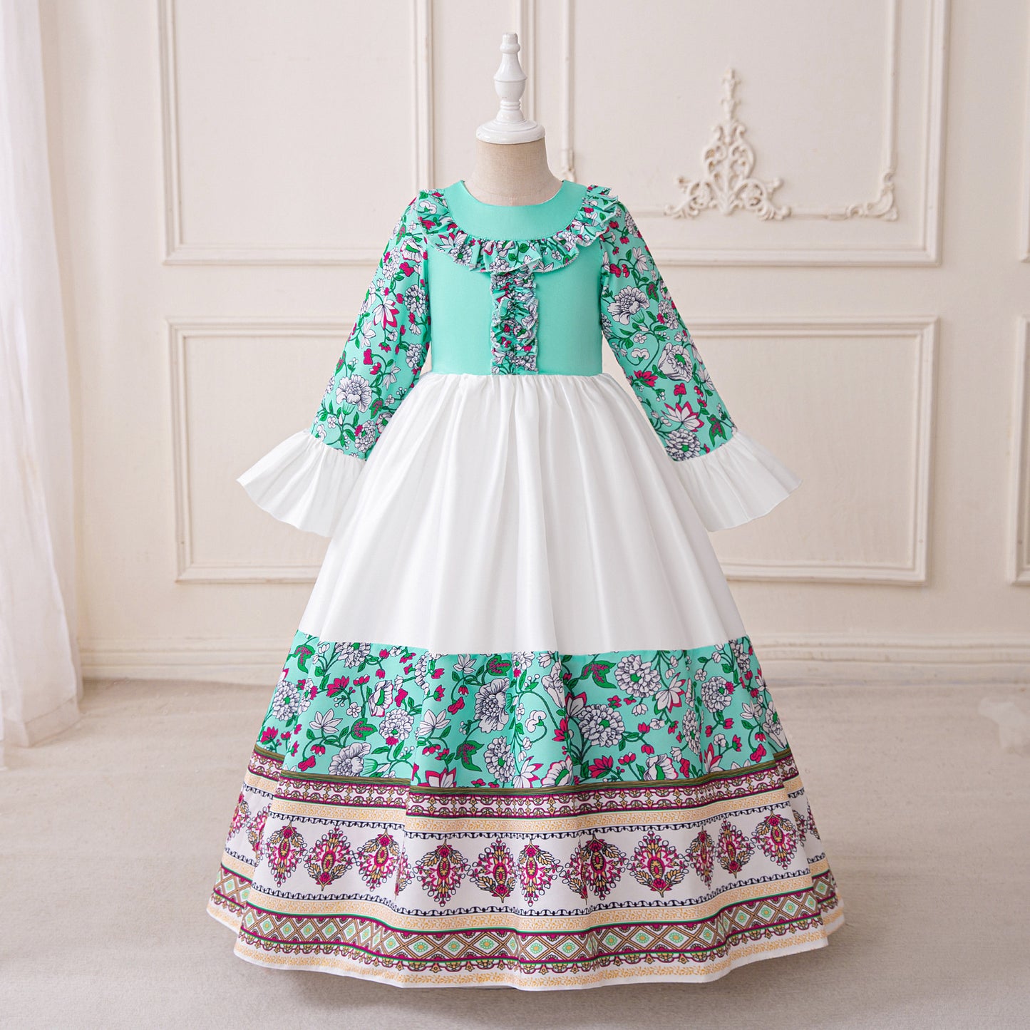 Light Green Floral Print Maxi Dress for Girls – Cute A-line Party & Flower Girl Gown