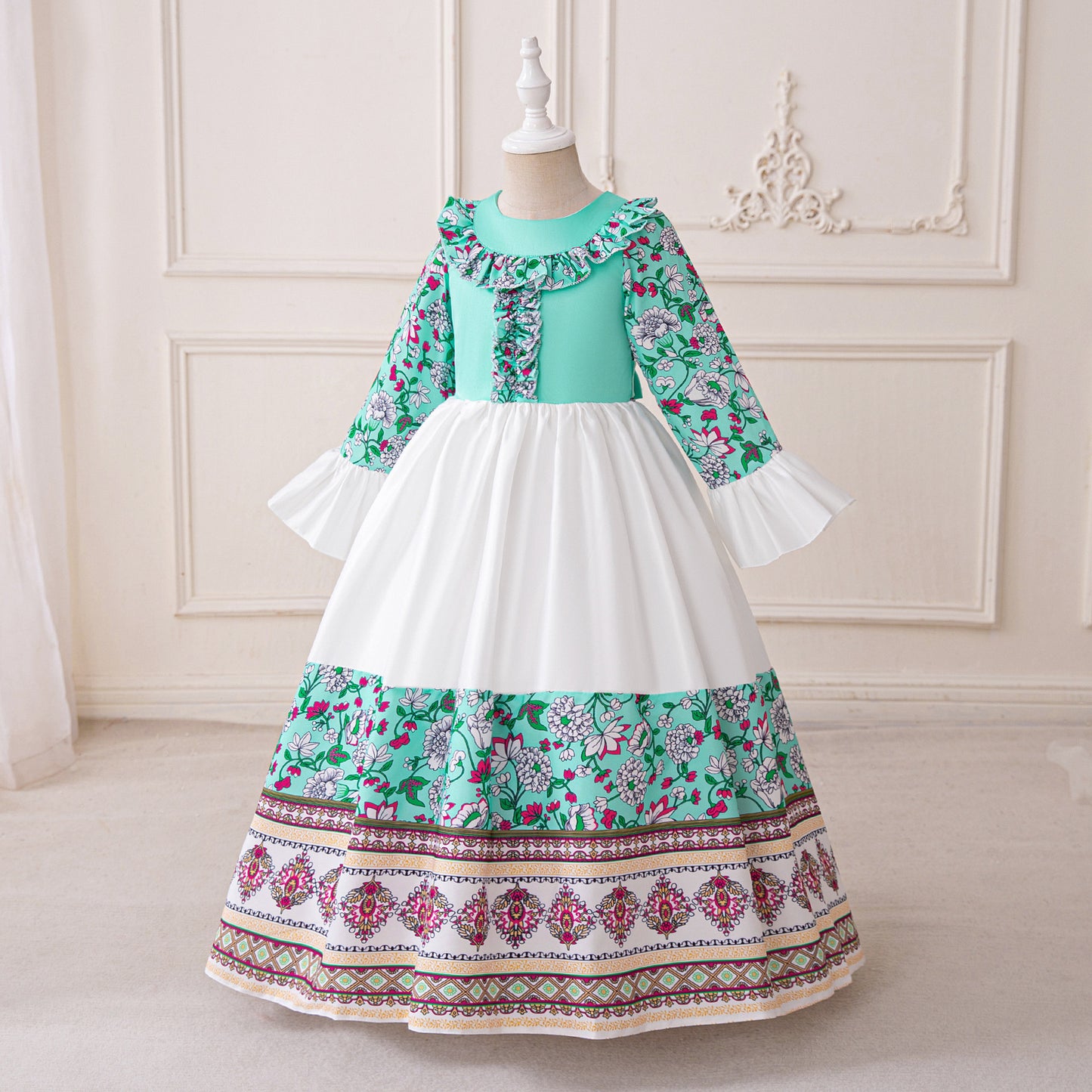 Light Green Floral Print Maxi Dress for Girls – Cute A-line Party & Flower Girl Gown