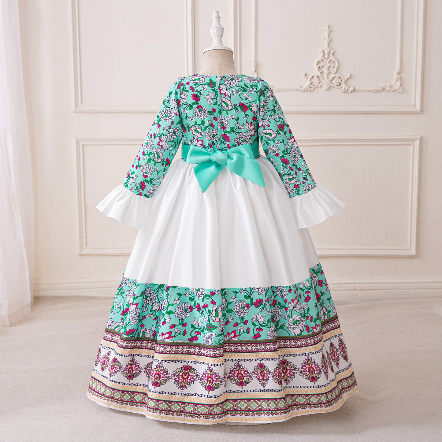 Light Green Floral Print Maxi Dress for Girls – Cute A-line Party & Flower Girl Gown