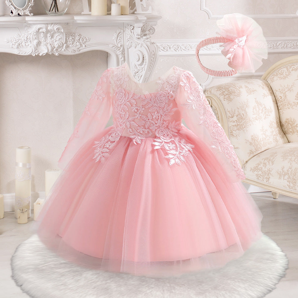 Light Pink Long Sleeve Tulle Princess Dress for Girls – Cute A-Line Tea Length