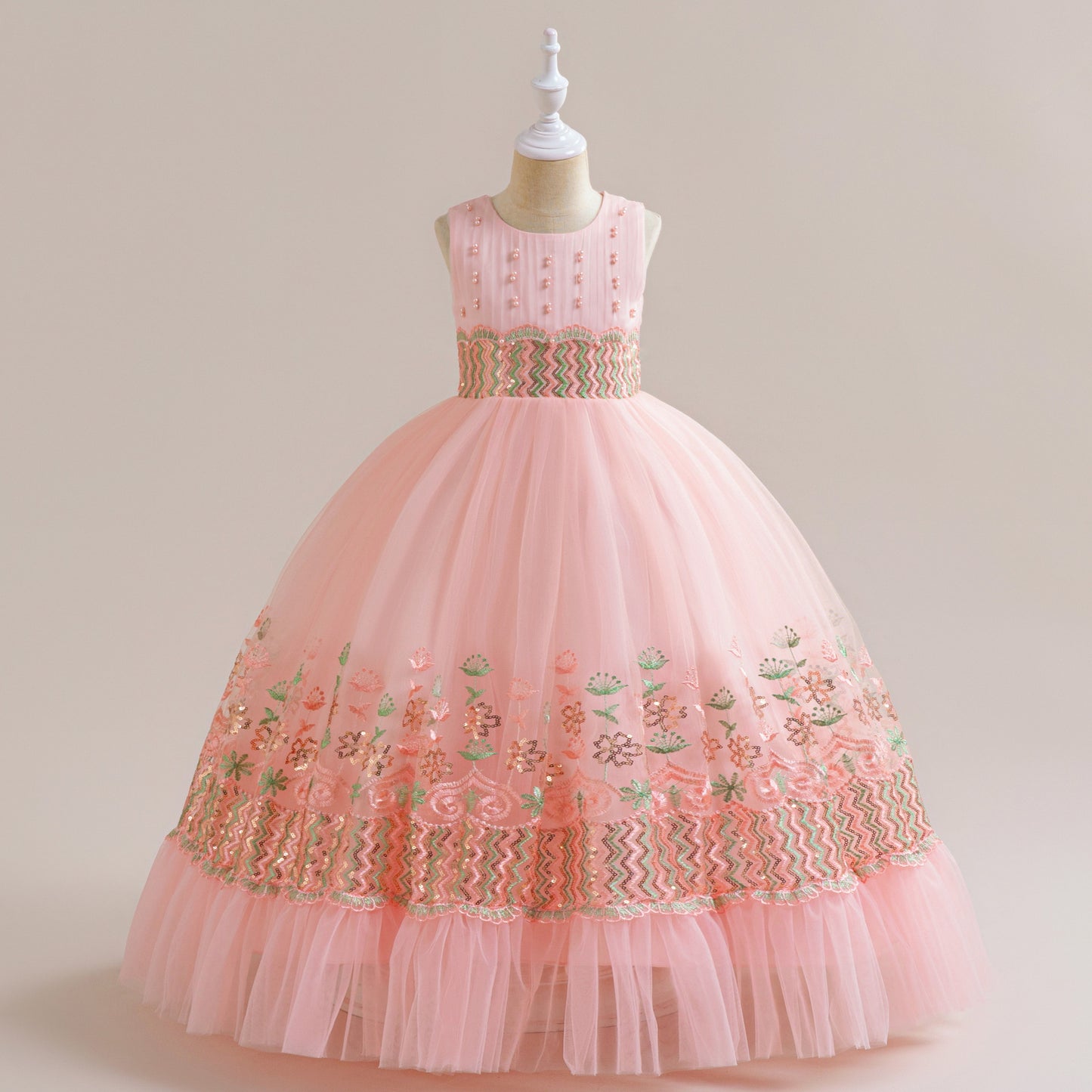 Light Pink Maxi Princess Dress for Girls with Sequins & Embroidery | Age 5-13