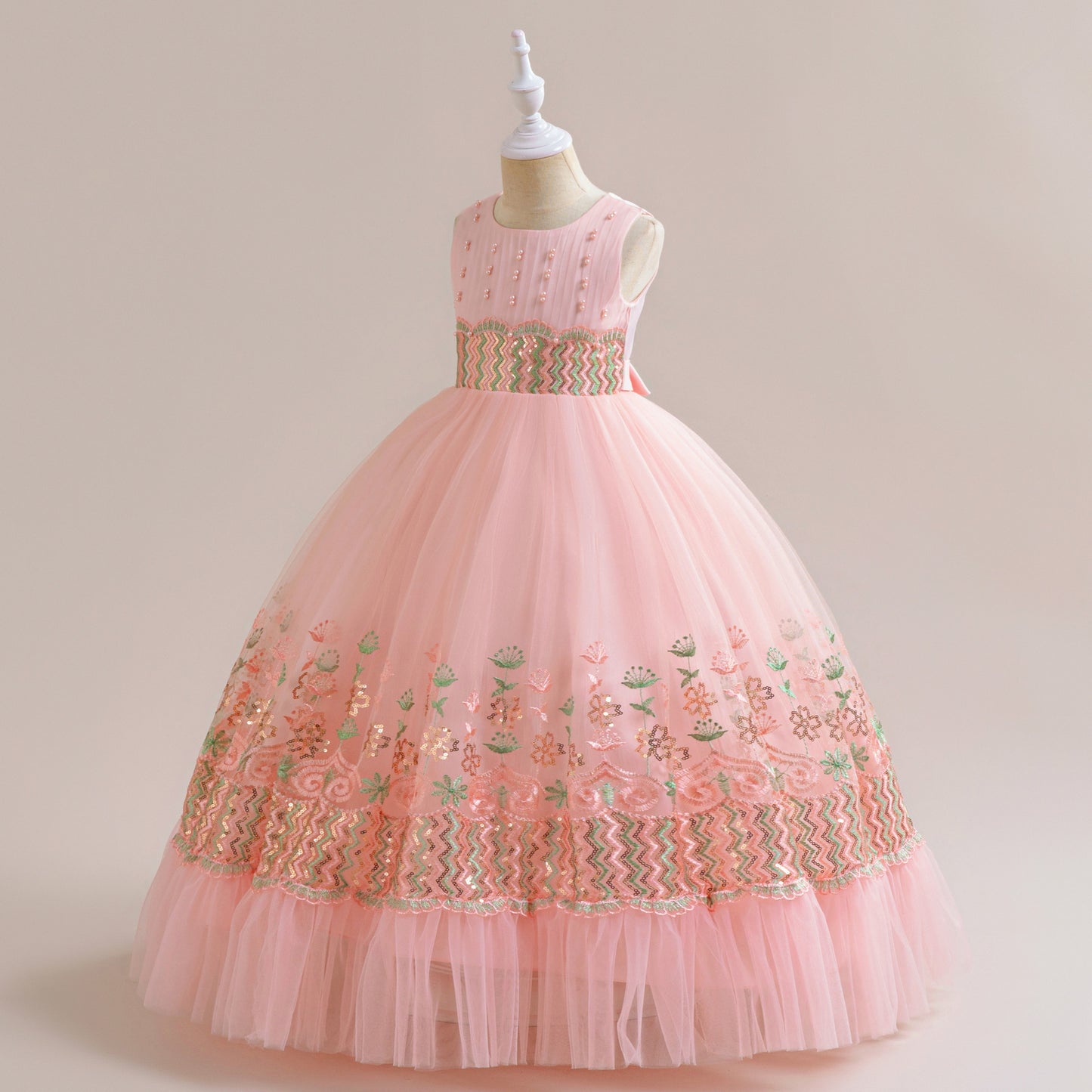Light Pink Maxi Princess Dress for Girls with Sequins & Embroidery | Age 5-13