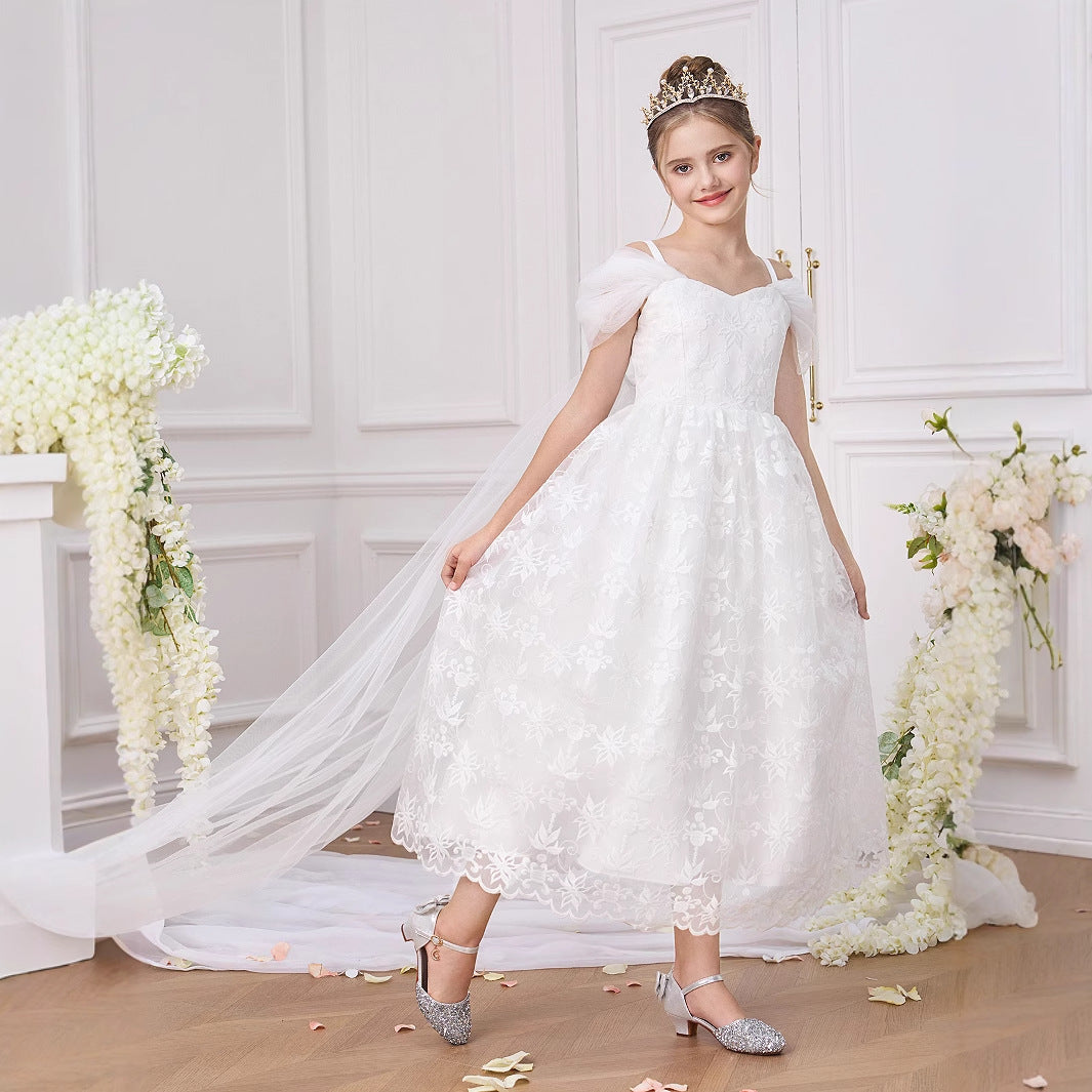 White Off Shoulder Lace Tulle Flower Girl Dress for Girls 5-13 | Princess Party & Communion Gown