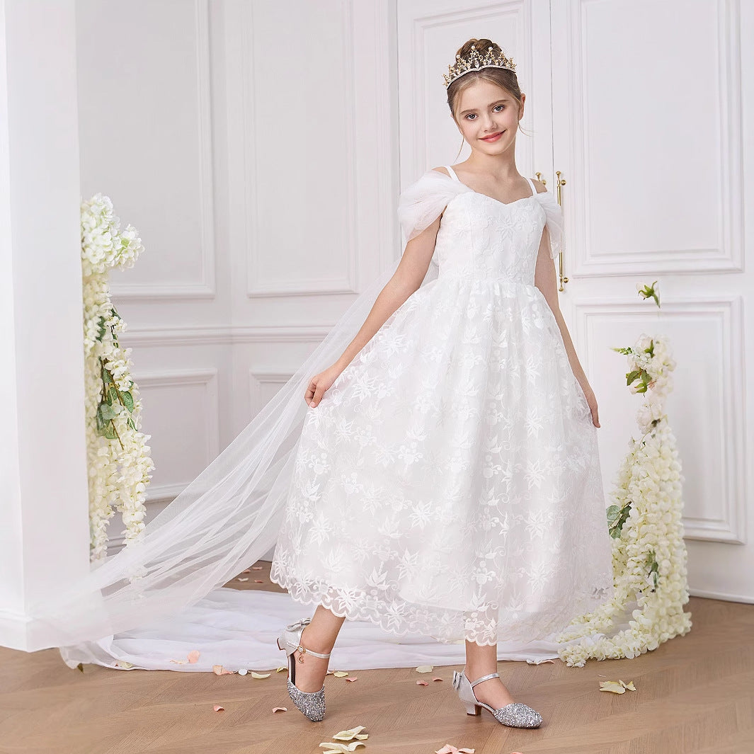 White Off Shoulder Lace Tulle Flower Girl Dress for Girls 5-13 | Princess Party & Communion Gown
