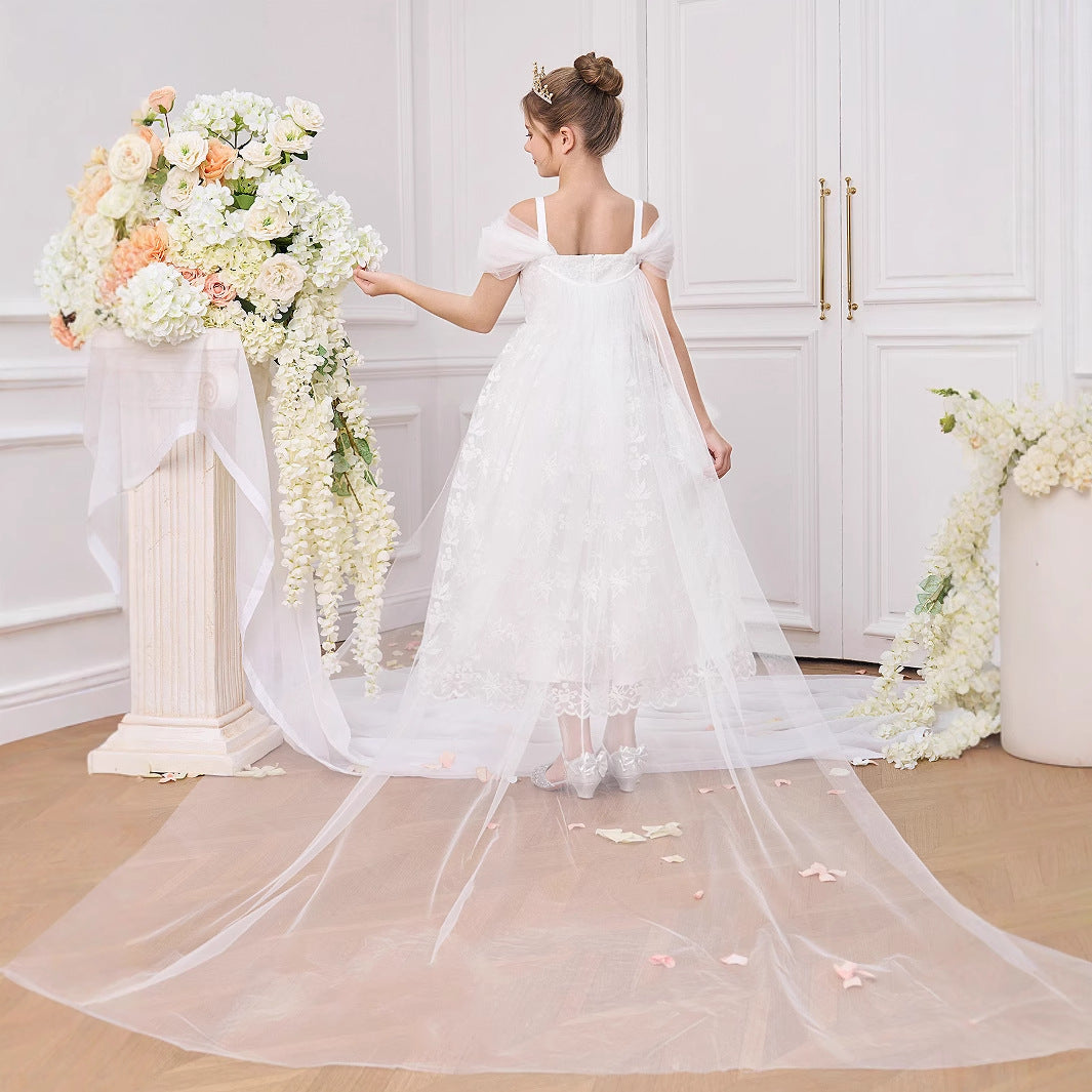 White Off Shoulder Lace Tulle Flower Girl Dress for Girls 5-13 | Princess Party & Communion Gown