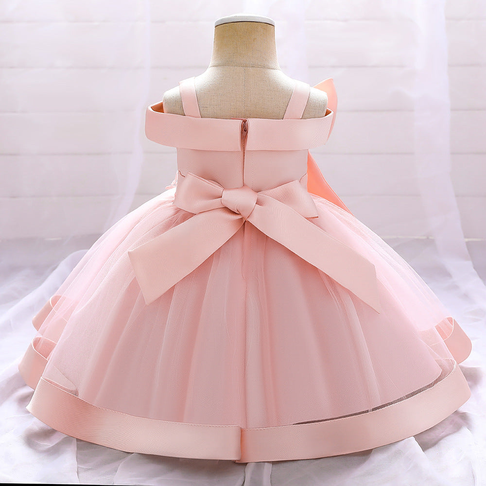 Adorable Off-Shoulder Tulle & Satin Birthday Princess Dress for Baby Girls