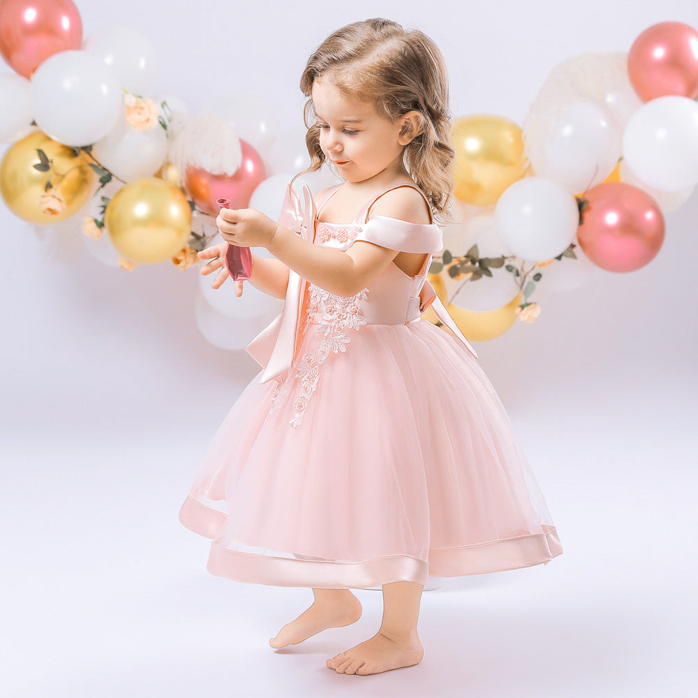Adorable Off-Shoulder Tulle & Satin Birthday Princess Dress for Baby Girls