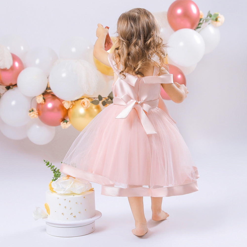 Adorable Off-Shoulder Tulle & Satin Birthday Princess Dress for Baby Girls