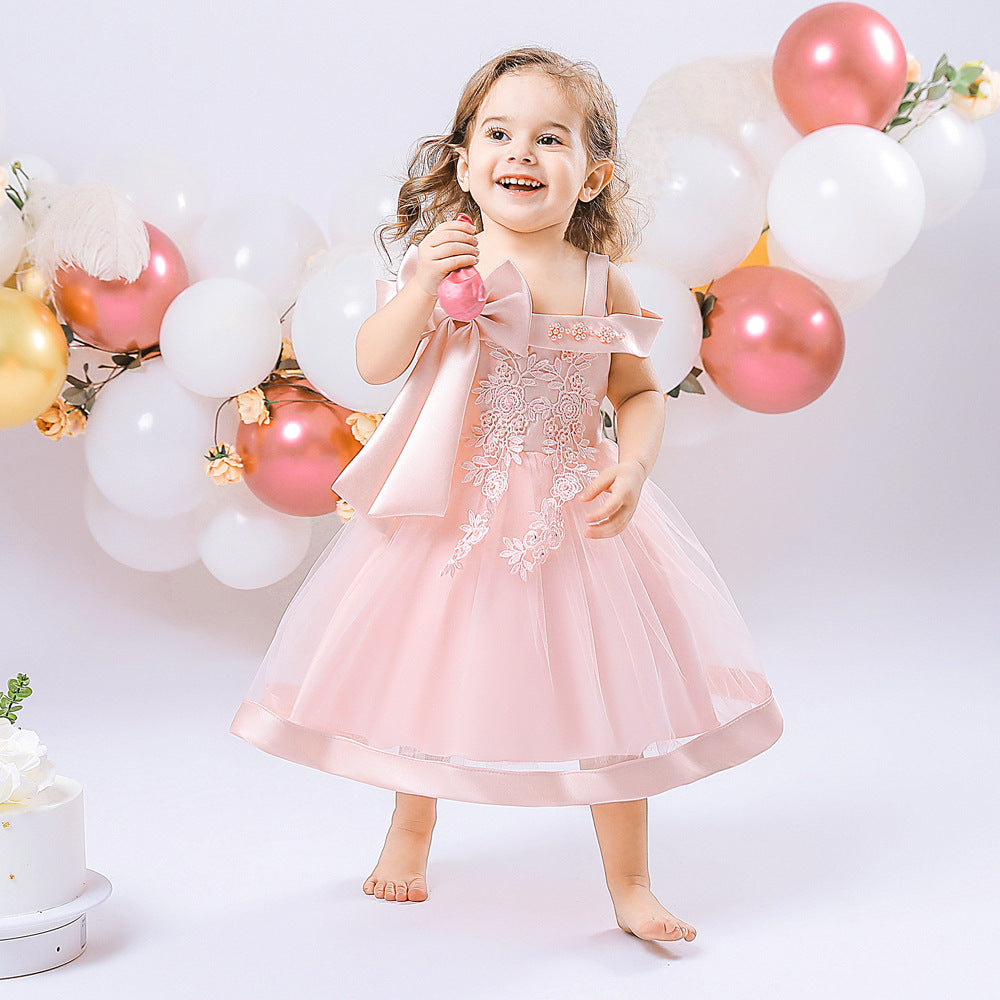 Adorable Off-Shoulder Tulle & Satin Birthday Princess Dress for Baby Girls