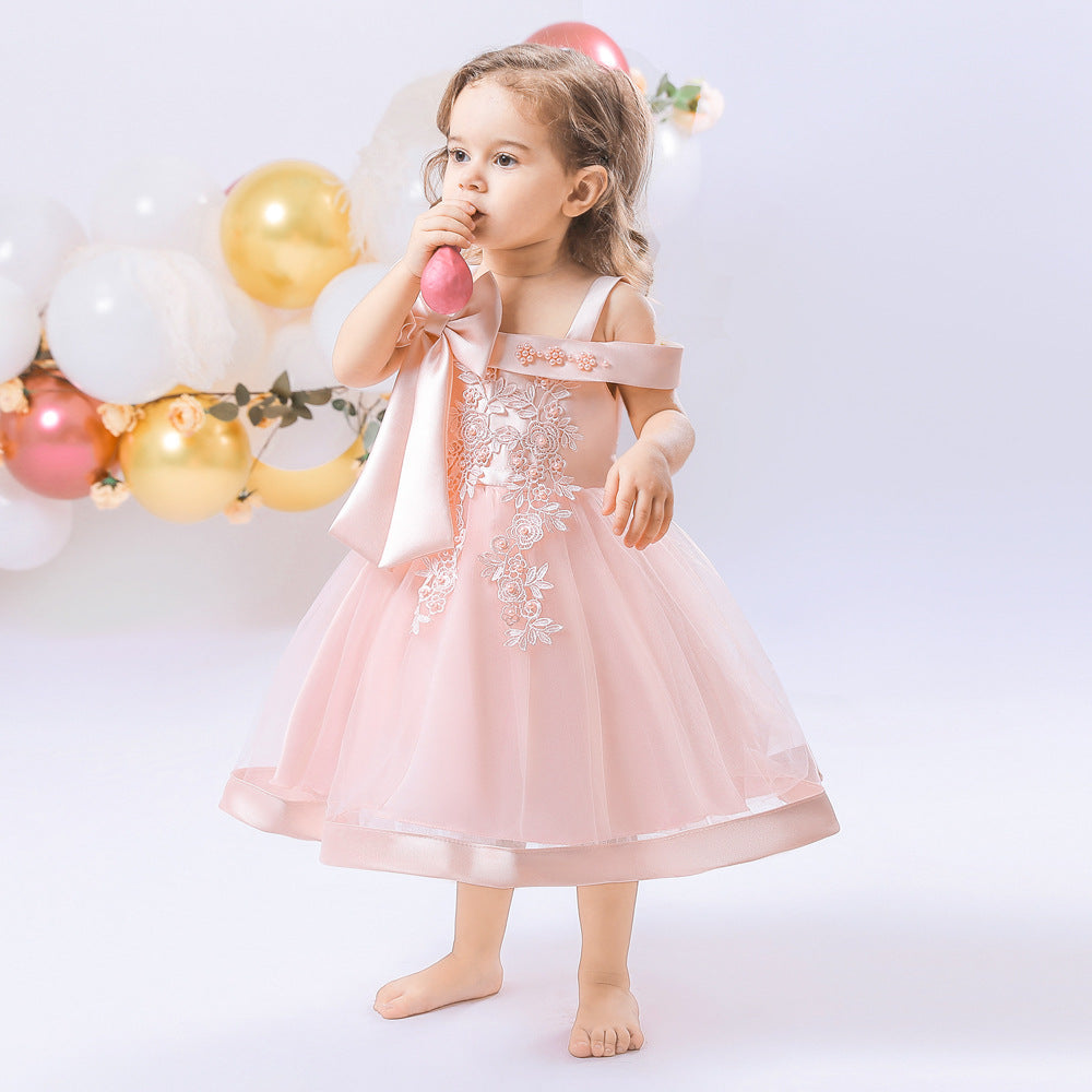Adorable Off-Shoulder Tulle & Satin Birthday Princess Dress for Baby Girls