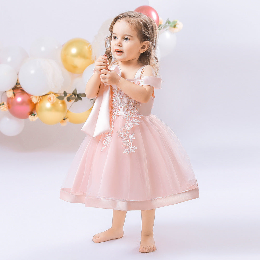 Adorable Off-Shoulder Tulle & Satin Birthday Princess Dress for Baby Girls