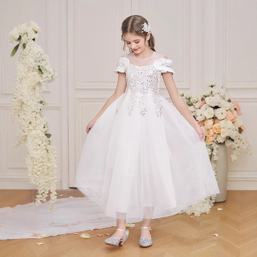 Cute Off Shoulder White Tulle A-line Dress for Girls 5-13 | Princess Party & Flower Girl Dress