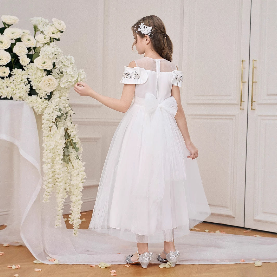 Cute Off Shoulder White Tulle A-line Dress for Girls 5-13 | Princess Party & Flower Girl Dress