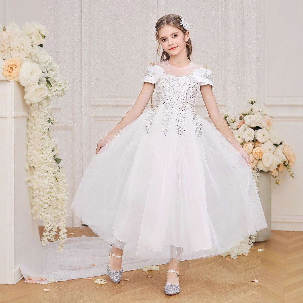 Cute Off Shoulder White Tulle A-line Dress for Girls 5-13 | Princess Party & Flower Girl Dress