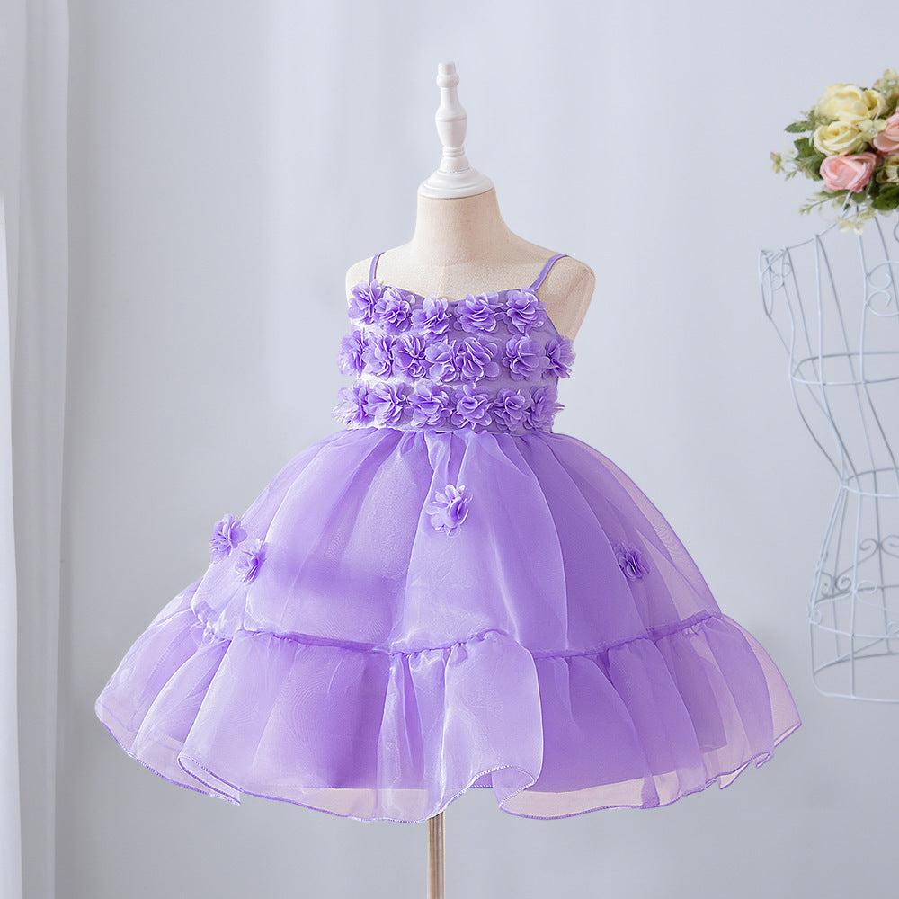 Purple Off-Shoulder Mesh Princess Dress with 3D Appliqué for Girls (Ages 3-10)