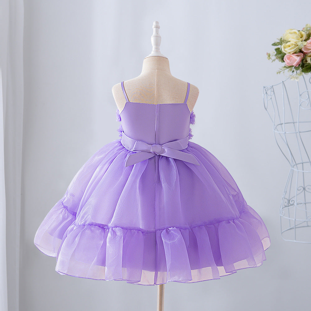 Purple Off-Shoulder Mesh Princess Dress with 3D Appliqué for Girls (Ages 3-10)