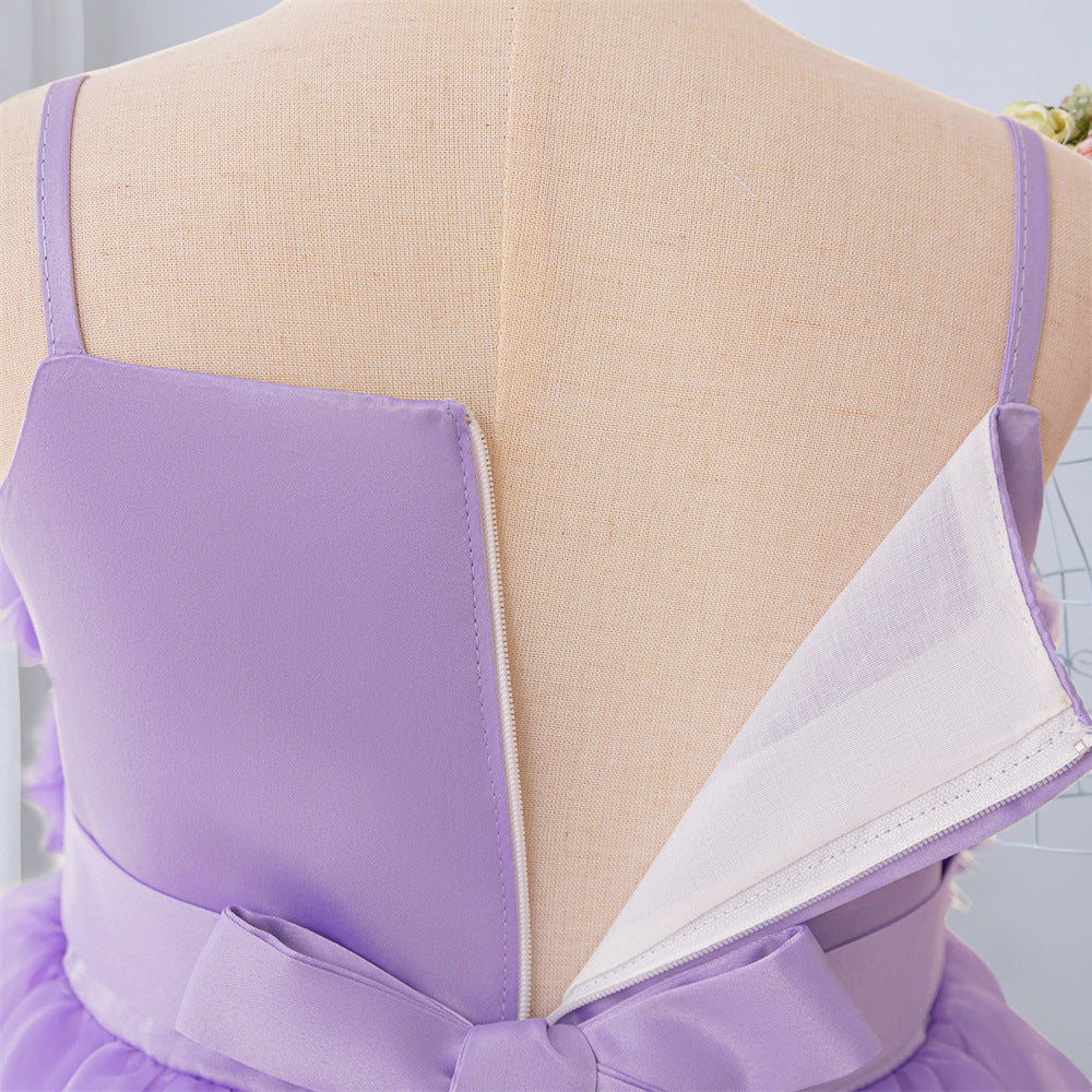 Purple Off-Shoulder Mesh Princess Dress with 3D Appliqué for Girls (Ages 3-10)