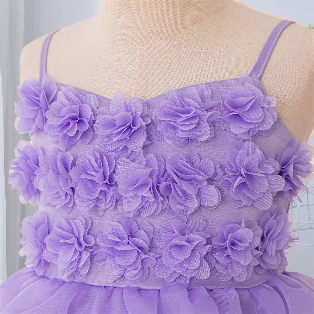 Purple Off-Shoulder Mesh Princess Dress with 3D Appliqué for Girls (Ages 3-10)