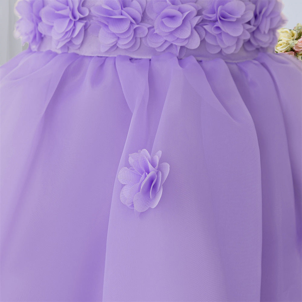 Purple Off-Shoulder Mesh Princess Dress with 3D Appliqué for Girls (Ages 3-10)