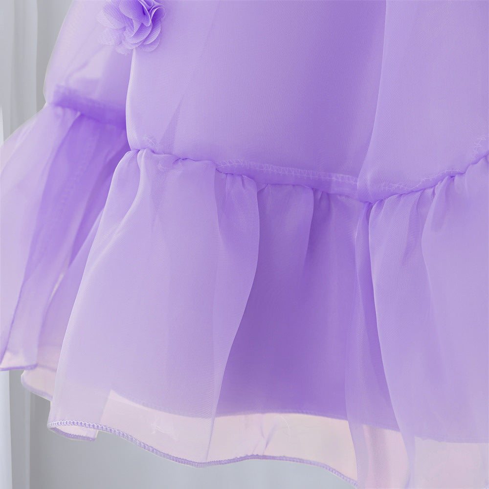 Purple Off-Shoulder Mesh Princess Dress with 3D Appliqué for Girls (Ages 3-10)