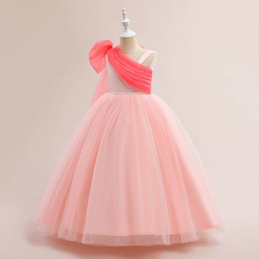 Light Pink Off-Shoulder A-Line Satin Tulle Ruffle Maxi Dress for Girls | Party, Wedding & Photoshoot