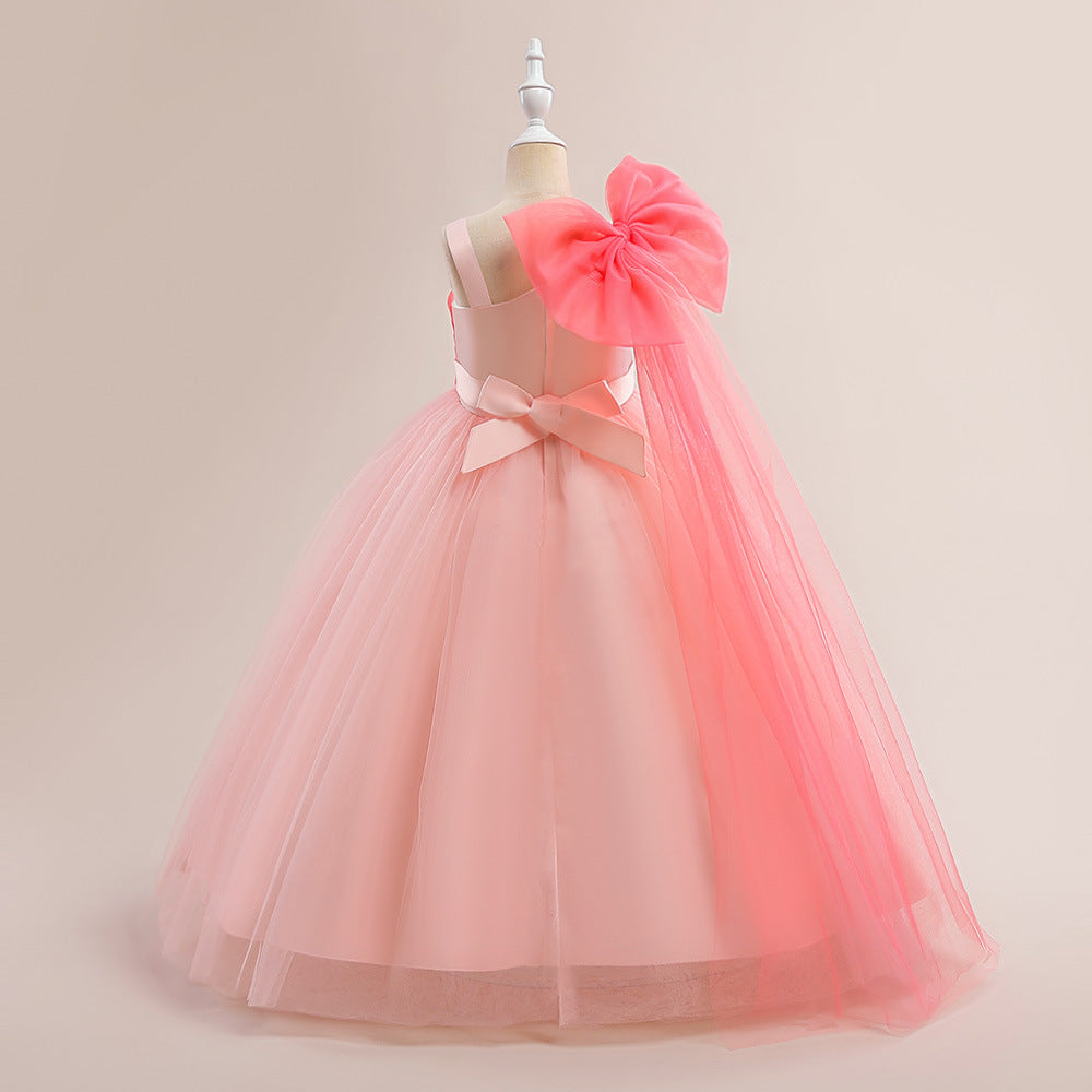 Light Pink Off-Shoulder A-Line Satin Tulle Ruffle Maxi Dress for Girls | Party, Wedding & Photoshoot