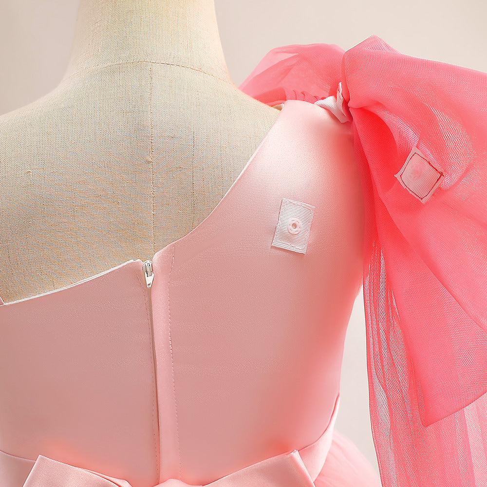 Light Pink Off-Shoulder A-Line Satin Tulle Ruffle Maxi Dress for Girls | Party, Wedding & Photoshoot