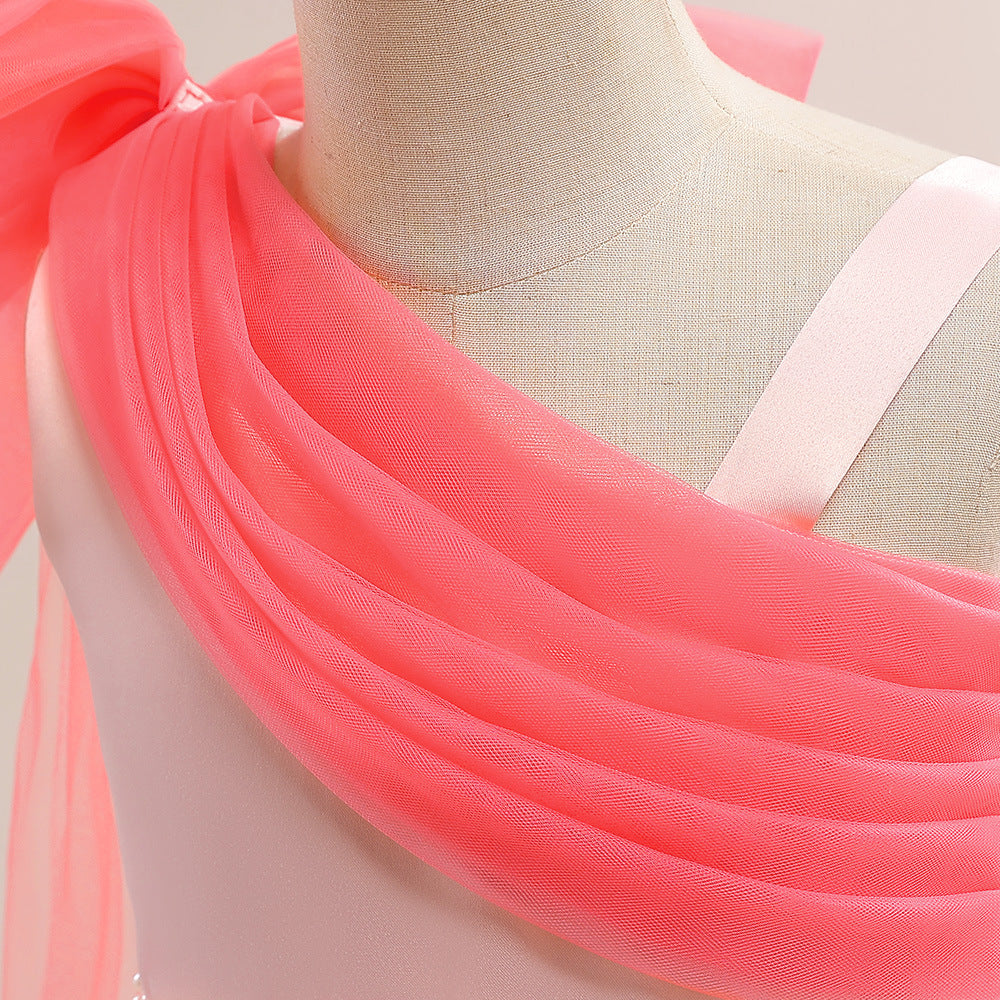 Light Pink Off-Shoulder A-Line Satin Tulle Ruffle Maxi Dress for Girls | Party, Wedding & Photoshoot
