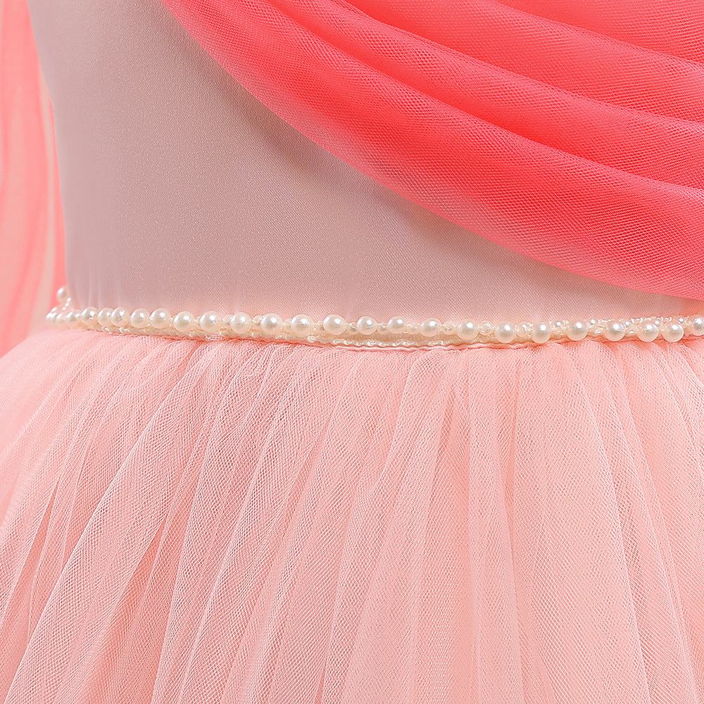 Light Pink Off-Shoulder A-Line Satin Tulle Ruffle Maxi Dress for Girls | Party, Wedding & Photoshoot