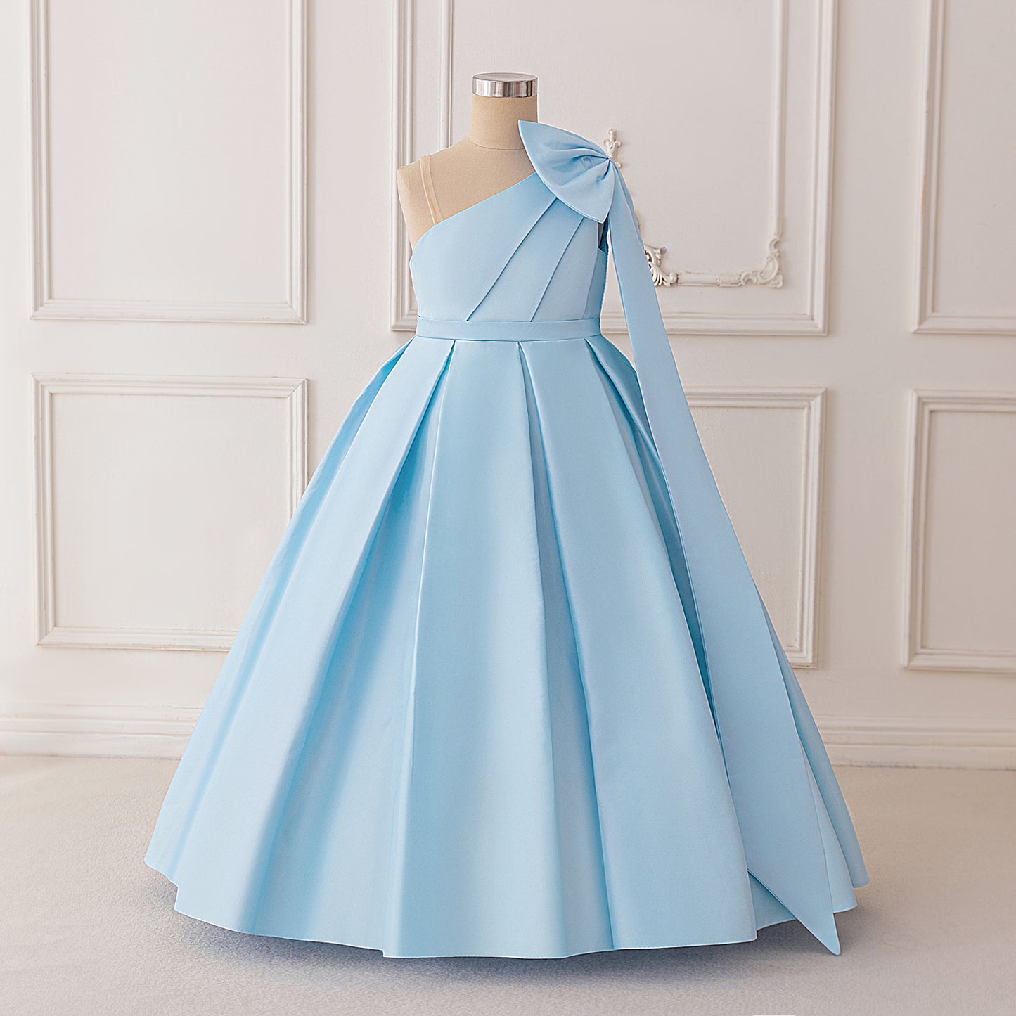 Cute Light Blue Off-Shoulder Satin Maxi Dress with Bow for Girls (Ages 5-13)