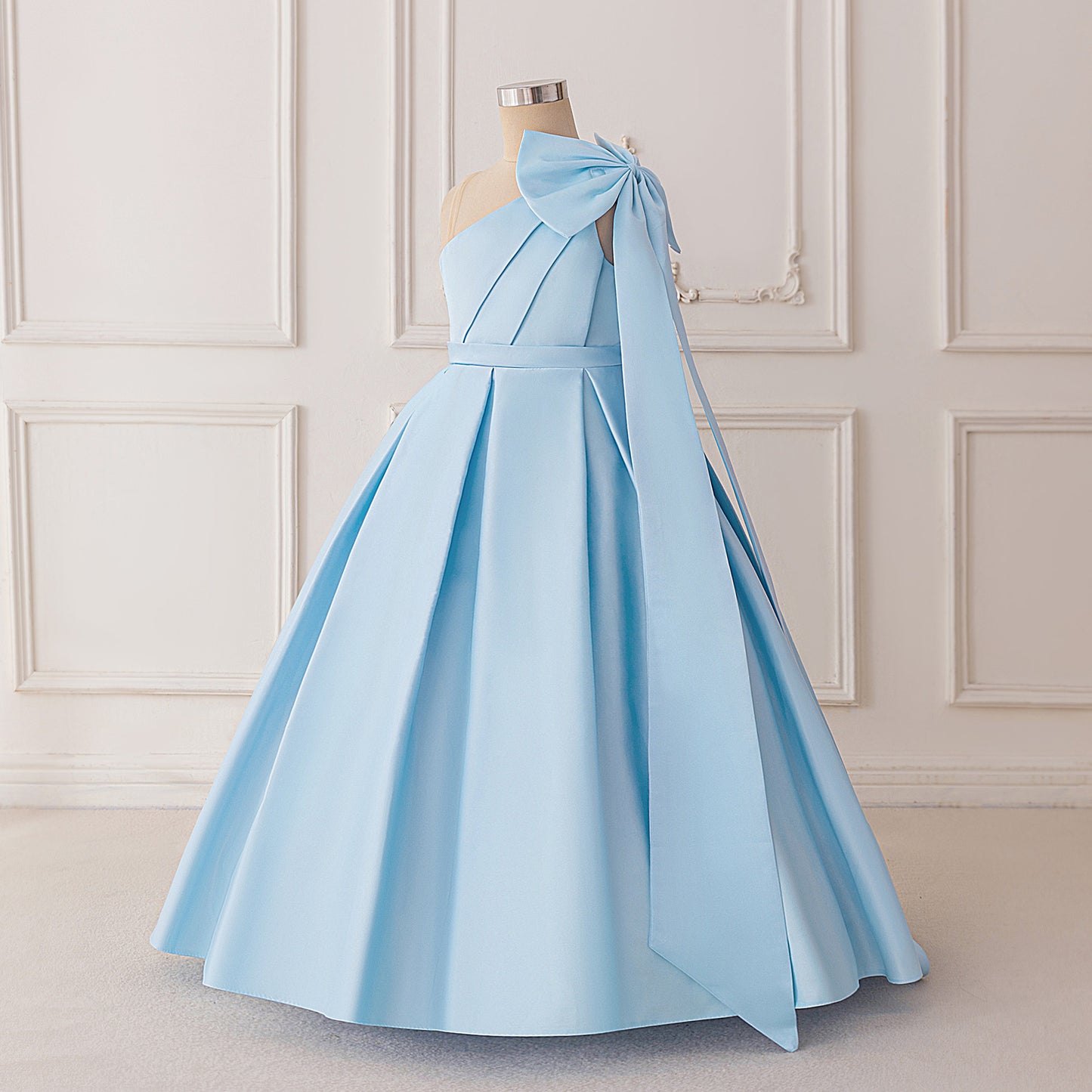 Cute Light Blue Off-Shoulder Satin Maxi Dress with Bow for Girls (Ages 5-13)