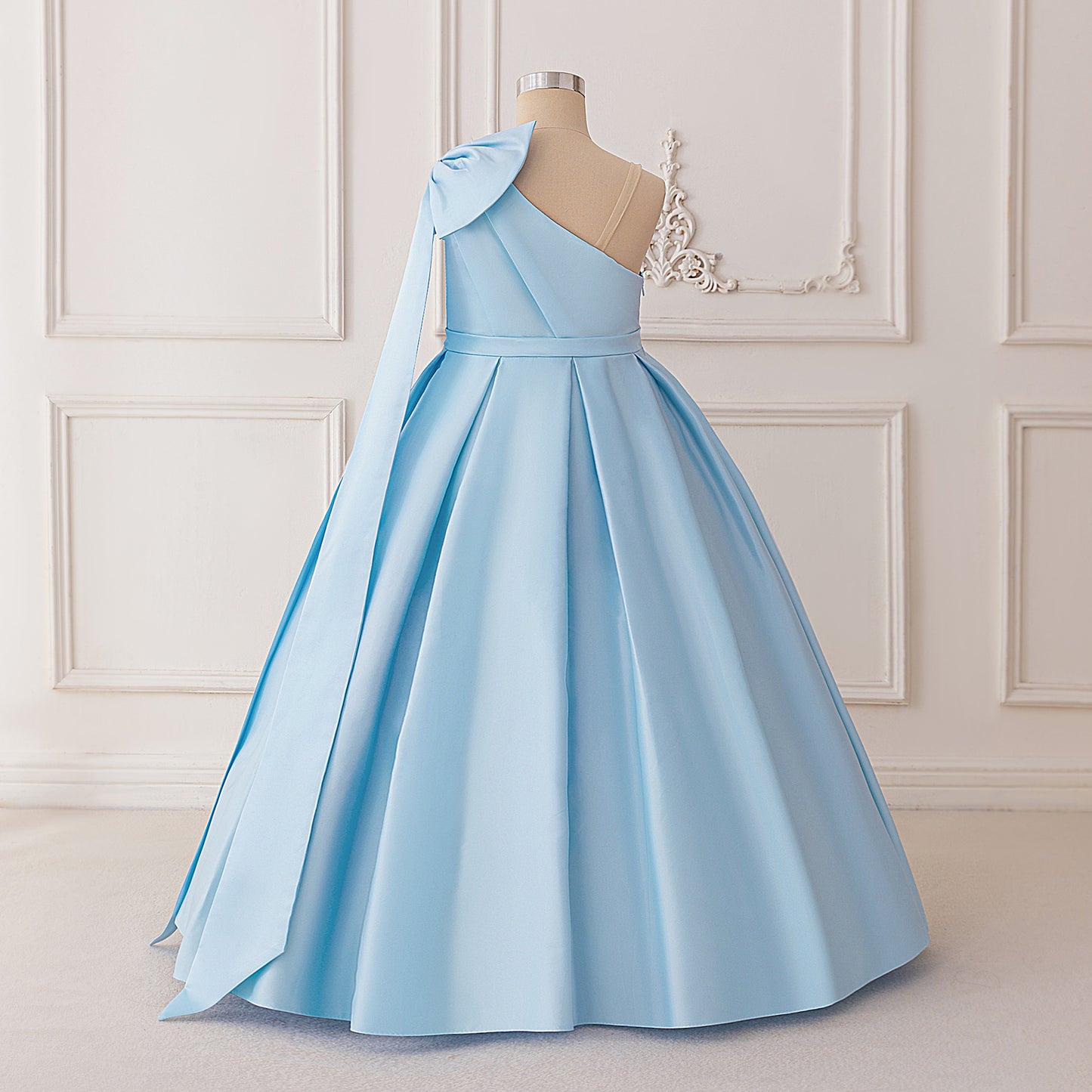 Cute Light Blue Off-Shoulder Satin Maxi Dress with Bow for Girls (Ages 5-13)