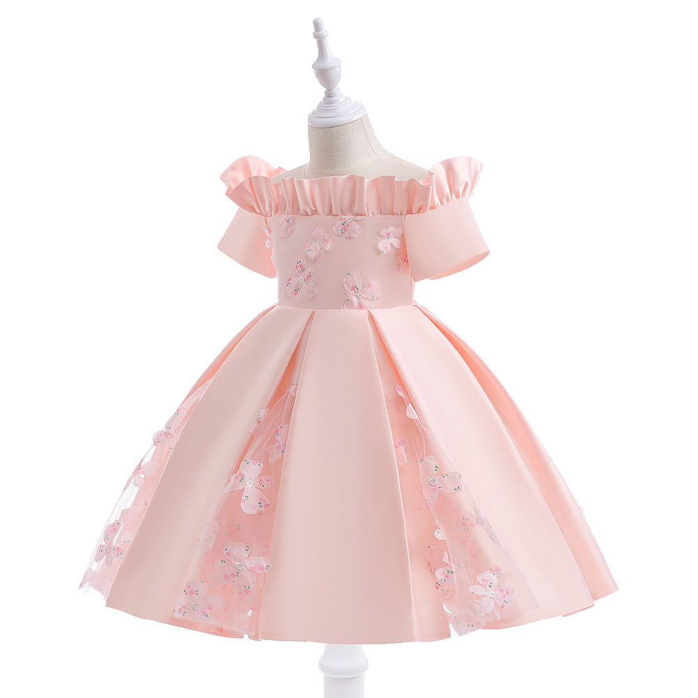 Girls' Off Shoulder Satin Princess Dress – Ruffle & Flower Tea Length Party Gown