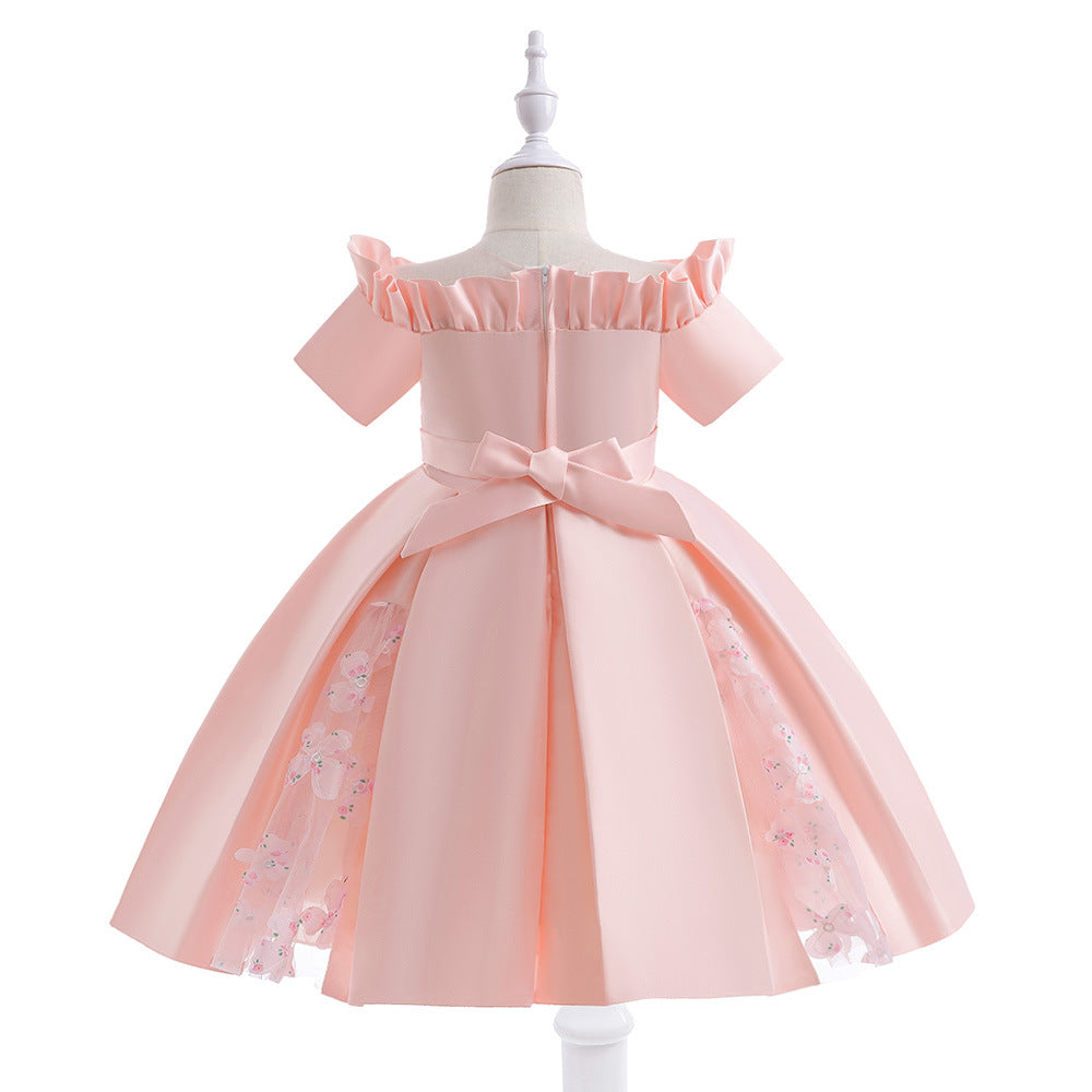 Girls' Off Shoulder Satin Princess Dress – Ruffle & Flower Tea Length Party Gown